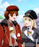  1boy 1girl beret blonde_hair brown_hair commander_(girls&#039;_frontline) commission commissioner_upload food girls&#039;_frontline gloves green_eyes hat highres ice_cream jacket laughing long_hair military_hat military_uniform necktie ponzu_rui red_jacket skeb_commission smile stg44_(girls&#039;_frontline) town uniform white_gloves 