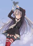  1girl amatsukaze_(kancolle) amatsukaze_kai_ni_(kancolle) annin_musou black_dress brown_eyes commentary_request cowboy_shot dress garter_straps gloves grey_hair grey_neckerchief hair_tubes heart heart_hands kantai_collection long_hair neckerchief one_eye_closed red_thighhighs sailor_collar sailor_dress short_dress single_glove smoke_heart smokestack_hair_ornament solo striped striped_thighhighs thighhighs two_side_up white_gloves white_sailor_collar 