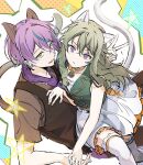  1boy 1girl animal_ears bare_shoulders bell blue_hair brown_vest cat_boy cat_ears cat_girl closed_mouth commentary dot_nose earrings fingernails green_hair iwatnc jewelry kamishiro_rui kusanagi_nene lapels long_hair multicolored_hair neck_bell notched_lapels open_mouth project_sekai purple_eyes purple_hair short_hair short_sleeves sleeveless star_(symbol) streaked_hair stud_earrings thighhighs two-tone_hair v vest white_thighhighs yellow_eyes 