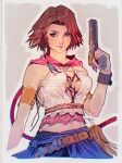  1girl armband bare_shoulders belt blue_eyes blue_shorts blue_skirt breasts brown_hair cleavage closed_mouth dated final_fantasy final_fantasy_x final_fantasy_x-2 green_eyes gun hair_between_eyes half-skirt handgun heterochromia holding holding_gun holding_weapon hood hood_down light_smile looking_to_the_side loose_belt medium_breasts midriff navel parted_bangs pink_hood plunging_neckline shirt short_hair shorts signature skirt solo tholia_bentz upper_body weapon white_shirt yuna_(ff10) 