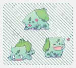  bug bulbasaur butterfly closed_eyes closed_mouth english_commentary fangs highres irisxu2624 no_humans pink_butterfly pokemon pokemon_(creature) red_eyes skin_fangs smile striped striped_background white_background 