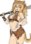  1girl animal_ears animal_print arm_strap bare_shoulders bikini bikini_top_only blonde_hair bone_hair_ornament bracelet bracer breasts caveman commentary cowboy_shot fang fur_trim hair_between_eyes hair_ornament hand_on_own_hip highres holding holding_weapon houtengeki jewelry long_hair looking_at_viewer medium_breasts midriff navel necklace open_mouth original print_loincloth simple_background skin_fang solo stomach swimsuit tail tiger_ears tiger_girl tiger_girl_(houtengeki) tiger_print tiger_tail tooth_necklace weapon white_background yellow_eyes 