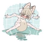  ahoge animal_humanoid bath bathing blush bodily_fluids bouen brown_eyes canid canid_humanoid canine canine_humanoid clinging convenient_censorship female fox_humanoid hair hot_water humanoid light_body light_skin mammal mammal_humanoid nuka_(bouen) scared shaking solo straddling sweat tail tail_between_legs tail_censorship tan_ears tan_hair tan_tail tile trembling water young 