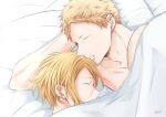  2boys 961_masashi bed blonde_hair closed_eyes ear_piercing given kaji_akihiko male_focus mouth_piercing multiple_boys multiple_piercings nakayama_haruki piercing short_hair signature sleeping upper_body yaoi 