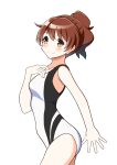  1girl absurdres brown_eyes brown_hair commentary_request competition_swimsuit cowboy_shot hand_on_own_chest hazuki_nanaya hibike!_euphonium highres one-piece_swimsuit oumae_kumiko ponytail short_hair simple_background smile solo swimsuit two-tone_swimsuit wavy_hair white_background white_one-piece_swimsuit 