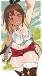  1girl absurdres atelier_(series) atelier_ryza atelier_ryza_1 blush breasts brown_eyes brown_hair cleavage hair_ornament hairclip hat highres jewelry large_breasts looking_at_viewer necklace no_sclera open_mouth plump red_shorts reisalin_stout short_hair short_shorts shorts smile solo thick_thighs thighhighs thighs white_headwear whoopsatro 