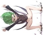  1girl bar_censor black_dress black_footwear bow_(bhp) breasts censored commentary_request dress green_eyes green_hair long_sleeves looking_at_viewer motion_lines no_panties one-punch_man shoes short_hair simple_background small_breasts solo tatsumaki white_background 