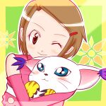  1girl 1other animal_ears brown_eyes brown_hair cat cat_ears digimon digimon_(creature) gloves hair_ornament hairclip hug jewelry looking_at_viewer neko8neko8 one_eye_closed ring short_hair tail tailmon upper_body yagami_hikari 