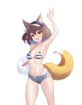  1girl :d absurdres animal_ears arm_up armpits ball blue_archive blue_shorts breasts brown_hair collarbone commentary_request fang fengli_(user_aufr5344) fox_ears fox_girl fox_tail highres holding holding_ball izuna_(blue_archive) izuna_(swimsuit)_(blue_archive) long_hair looking_at_viewer medium_breasts navel official_alternate_costume open_fly open_mouth short_hair shorts simple_background skin_fang smile solo standing stomach swimsuit tail visor_cap white_background yellow_eyes 