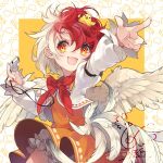  1girl artist_logo bird bloomers chick cowboy_shot dress feathered_wings fingernails hair_between_eyes holding jacket long_sleeves medium_hair multicolored_hair niwatari_kutaka open_mouth orange_dress outstretched_arm pointing red_eyes red_hair smile solo touhou toutenkou two-tone_hair underwear whistle white_bloomers white_hair white_jacket wings yellow_background 