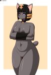  2023 alternate_hairstyle animal_crossing ankha_(animal_crossing) anthro areola armwear bell black_eyeshadow black_hair blue_eyes bobtail breasts cel_shading chest_tuft clothing collar colored_nails cosplay costume crossed_arms curvy_figure digital_media_(artwork) domestic_cat exposed_breasts eyeshadow felid feline felis female flyingtrace fur genitals grey_body grey_fur grey_nipples hair halloween halloween_costume hi_res holidays iris_(flyingtrace) jewelry legwear looking_at_viewer makeup mammal nails navel nintendo nipples nude pussy shaded short_tail signature simple_background solo tail text thick_thighs tuft unimpressed url voluptuous 
