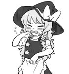  1girl apron blush bow braid bseibutsu closed_eyes cookie_(touhou) cowboy_shot flat_chest flying_sweatdrops frilled_apron frills greyscale hair_bow hat hat_bow kirisame_marisa long_hair medium_bangs monochrome open_mouth puffy_short_sleeves puffy_sleeves short_sleeves side_braid simple_background single_braid skirt solo star_(symbol) suzu_(cookie) sweat touhou turtleneck vest waist_apron witch_hat 