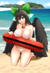  1girl beach bikini bird_wings black_hair black_wings blue_sky blush bow breasts brown_eyes cleavage cloud commentary_request day doge_(jkdoge) full_body green_bow hair_between_eyes hair_bow head_tilt highres holding holding_surfboard horizon kneeling large_breasts long_hair looking_at_viewer medium_bangs ocean open_mouth outdoors paid_reward_available ponytail reiuji_utsuho sand sky smile solo surfboard swimsuit third_eye touhou very_long_hair water waves white_bikini wings 