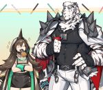  1boy 1girl absurdres animal_ears arknights bara black_tank_top chain_necklace character_request covered_abs covered_navel facial_hair feet_out_of_frame food food_in_mouth furry furry_male goatee graysheartart highres holding holding_food holding_pocky jewelry large_pectorals looking_at_another mountain_(arknights) muscular muscular_male necklace pectorals pocky pocky_day pocky_in_mouth scar scar_across_eye scar_on_arm short_hair shoulder_spikes sigh spikes standing tank_top thick_eyebrows tiger_boy tiger_ears white_hair 