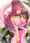  1girl arm_under_breasts bare_shoulders blurry blurry_background breasts brown_hair cleavage closed_mouth collarbone commentary_request commission depth_of_field dress eyebrows_hidden_by_hair hagoromo hair_bun hair_over_one_eye kou_hiyoyo large_breasts obi original pink_dress purple_eyes sash shawl skeb_commission smile solo strapless strapless_dress 
