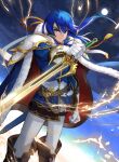  1boy absurdres armor blue_eyes blue_hair boots cape commission fire_emblem fire_emblem:_genealogy_of_the_holy_war full_moon fur_cape gloves headband highres holding holding_sword holding_weapon lightning long_hair moon night night_sky pauldrons scabbard seliph_(fire_emblem) sheath shoulder_armor skeb_commission sky solo sword teo_(telo_ruka) weapon 