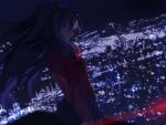  1girl black_hair black_skirt blue_eyes city cityscape fate/stay_night fate_(series) floating_hair long_hair long_sleeves looking_down night on_roof outdoors red_sweater rooftop skirt solo sweater tohsaka_rin twintails two_side_up ubwmitekure 