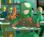  5boys blonde_hair blue_eyes book book_stack bookshelf butters_stotch character_request classroom commentary commentary_request desk facing_viewer fur_hat gloves green_gloves green_headwear green_pants hat hood hood_up jacket kenny_mccormick kyle_broflovski male_child male_focus multiple_boys on_chair open_book orange_jacket painting_(medium) pants pen puretoma02 school_desk sitting south_park stan_marsh traditional_media 