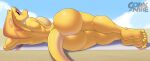  anthro beach butt feet female gobanire hi_res looking_at_viewer nude outside red_sclera reptile scales scalie seaside snake soles solo tail toes yellow_body yellow_scales 