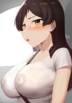  1girl arm_at_side between_breasts blush breasts brown_hair car_interior collarbone commentary covered_nipples from_side idolmaster idolmaster_million_live! kitazawa_shiho kurozako large_breasts long_hair looking_at_viewer looking_to_the_side nipples no_bra parted_bangs parted_lips seatbelt see-through shirt short_sleeves solo strap_between_breasts upper_body white_background white_shirt yellow_eyes 