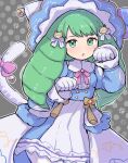  1girl animal_hands bell blue_dress cat_paws cat_tail dress drill_hair fire_emblem fire_emblem:_three_houses fire_emblem_heroes flayn_(fire_emblem) flayn_(halloween)_(fire_emblem) green_eyes green_hair halloween halloween_costume kutabireta_neko long_hair looking_at_viewer official_alternate_costume parted_lips ribbon solo tail tail_bell tail_ornament tail_ribbon twin_drills 