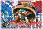  2boys commentary crash_man drill_man english_commentary green_eyes hard_hat helmet highres kneeling looking_at_viewer male_focus mega_man_(classic) mega_man_(series) mega_man_2 mega_man_4 met_(mega_man) multiple_boys nongura robot sharp_teeth teeth tongue tongue_out 