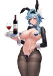  1girl absurdres alcohol animal_ears black_hairband blue_hair blush bottle breasts condom crotchless crotchless_pantyhose cup drinking_glass eula_(genshin_impact) fake_animal_ears frontless_outfit genshin_impact hair_between_eyes hair_ornament hairband heart_maebari heart_pasties highres holding holding_tray karmiel large_breasts latex long_hair long_sleeves looking_at_viewer maebari meme_attire navel pantyhose pasties playboy_bunny purple_eyes rabbit_ears revealing_clothes reverse_bunnysuit reverse_outfit shrug_(clothing) solo stomach thighband_pantyhose tray white_background wine wine_bottle wine_glass wrist_cuffs yellow_eyes 