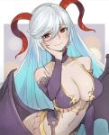  1girl alternate_costume blush breasts choker cleavage commission cosplay demon_wings fate/grand_order fate_(series) fire_emblem fire_emblem_heroes freyja_(fire_emblem) gold_trim horns irisviel_von_einzbern irisviel_von_einzbern_(halloween_princess) irisviel_von_einzbern_(halloween_princess)_(cosplay) masato_(mirai_koubou) medium_breasts multicolored_hair navel purple_choker red_eyes revealing_clothes skeb_commission wings 