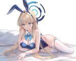  1girl animal_ears arm_rest bare_shoulders bed_sheet blonde_hair blue_archive blue_bow blue_eyes blue_hairband blue_leotard bow bowtie braid breasts cleavage closed_mouth detached_collar fake_animal_ears full_body hairband halo highleg highleg_leotard highres leotard long_hair lying medium_breasts official_alternate_costume official_alternate_hairstyle on_side pillow playboy_bunny rabbit_ears smile solo sora01o thighhighs thighs toki_(blue_archive) toki_(bunny)_(blue_archive) very_long_hair white_thighhighs wrist_cuffs 