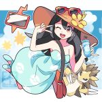  1girl ;d bag black_hair brown_eyes collarbone commentary_request dress eyewear_on_headwear green_dress green_footwear hands_up hat highres long_hair one_eye_closed open_mouth orange_headwear pokemon pokemon_(creature) pokemon_(game) pokemon_sm rotom rotom_phone sandslash shoes shoulder_bag sightseer_(pokemon) smile strapless strapless_dress sunglasses sutokame teeth tongue upper_teeth_only v 