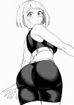  1girl absurdres arm_at_side ass ass_focus bike_shorts blush boku_no_hero_academia breasts closed_mouth from_behind greyscale hatching_(texture) highres kobaji large_breasts looking_at_viewer looking_back monochrome open_hand short_hair solo sports_bra twisted_torso uraraka_ochako 