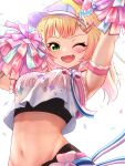  1girl ;d absurdres arm_up armpits blonde_hair cheerleader confetti crop_top green_eyes groin highres hololive looking_at_viewer marishia_holo midriff momosuzu_nene momosuzu_nene_(4th_costume) navel one_eye_closed open_mouth pom_pom_(cheerleading) simple_background smile solo upper_body virtual_youtuber visor_cap white_background 
