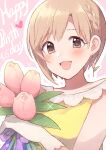  1girl aiba_yumi blonde_hair blush braid breasts brown_eyes collarbone earrings flower gloves gum_(vivid_garden) happy_birthday heart highres holding holding_flower idolmaster idolmaster_cinderella_girls idolmaster_cinderella_girls_starlight_stage jewelry looking_at_viewer medium_breasts open_mouth pink_background pink_flower pink_tulip shirt short_hair simple_background smile solo tulip white_gloves yellow_shirt 