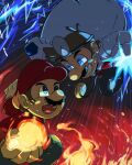  2boys absurdres blue_eyes blue_overalls coat doctor dr._mario electricity facial_hair fighting fire gloves hat highres holding mario mario_(series) multiple_boys mustache open_mouth overalls pill red_headwear smile super_smash_bros. tmrn_ml white_coat white_gloves 