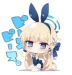  1girl animal_ears blonde_hair blue_archive blue_bow blue_eyes blue_footwear blue_hair blue_hairband blue_leotard blush bow braid breasts chibi cleavage closed_mouth collar commentary_request detached_collar double_v earpiece fake_animal_ears full_body hair_bow hairband hands_up headset leotard long_hair looking_at_viewer medium_breasts multicolored_hair muuran playboy_bunny rabbit_ears rabbit_tail shadow shoes simple_background sitting solo sparkle strapless strapless_leotard streaked_hair tail thighhighs toki_(blue_archive) toki_(bunny)_(blue_archive) translation_request twitter_username v very_long_hair wariza white_background white_collar white_thighhighs wrist_cuffs 