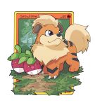  :d black_eyes bounsweet card character_name claws closed_mouth commentary english_commentary forest grass growlithe highres mjoyart nature no_humans open_mouth path pokemon pokemon_(creature) pokemon_card pokemon_tcg simple_background smile tree white_background yellow_eyes 