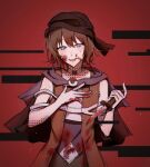  1other androgynous bandeau black_bandeau black_cape blood blood_on_clothes blood_on_face blood_on_hands blood_on_knife blue_eyes brown_hair cape choker english_commentary eye_of_senri glitch half-closed_eyes hand_on_own_chest heart heart_in_eye highres holding holding_knife jacket knife komatsu2536 kuzu_suzumi len&#039;en open_clothes open_jacket open_mouth orange_jacket purple_scarf purple_shirt red_background scarf shirt short_hair sleeveless sleeveless_jacket sleeveless_shirt smile sweatdrop symbol_in_eye teeth two-tone_shirt upper_body white_choker white_shirt 