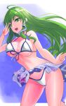  1girl :d adapted_costume ahoge bad_anatomy bad_perspective bare_shoulders bikini border breasts commentary_request feet_out_of_frame from_below green_eyes green_hair hand_up highres kochiya_sanae large_breasts letterboxed long_hair open_mouth smile solo swimsuit thighs touhou unaligned_breasts very_long_hair w white_border y2 
