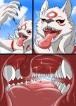  amaterasu_(okami) anthro bloopah-bloopah bodily_fluids breasts canid canine canis capcom deity duo female hi_res human imminent_vore macro male mammal micro okami_(capcom) saliva sharp_teeth teeth uvula vore wolf 