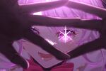  1girl :d black_gloves blurry blurry_foreground bow close-up edogawa_kigoro gloves glowing glowing_eye highres idol_(yoasobi) lace lace_gloves lips looking_at_viewer looking_through_fingers maria_marionette nijisanji nijisanji_en open_mouth oshi_no_ko pink_eyes pink_hair portrait red_bow signature smile solo sparkling_eyes star-shaped_pupils star_(symbol) symbol-shaped_pupils 