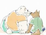  2023 anthro bear black_nose blush bottomwear brown_body canid canine canis clothing domestic_dog duo eyes_closed hi_res kemono mammal overweight pants polar_bear pommn_mn shirt simple_background sitting smile topwear ursine 
