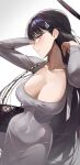  1girl absurdres bag black_hair blue_archive blush breasts bright_pupils cleavage collarbone cosplay covered_navel dongtan_lady_(k_pring) dongtan_lady_(k_pring)_(cosplay) dress grey_dress hair_ornament hairpin halo highres large_breasts long_hair long_sleeves looking_at_viewer ninebell open_mouth red_eyes rio_(blue_archive) simple_background solo white_background white_pupils 