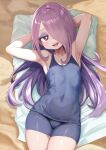  1girl armpits arms_up blue_one-piece_swimsuit breasts domdom little_witch_academia long_hair lying on_back one-piece_swimsuit pale_skin purple_hair red_eyes sharp_teeth small_breasts solo sucy_manbavaran swimsuit teeth 