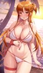  1girl :p ass_visible_through_thighs asuna_(sao) beach bikini blush braid breasts brown_eyes brown_hair cleavage commentary_request french_braid highres kawase_seiki large_breasts long_hair looking_at_viewer navel ocean outdoors paid_reward_available palm_tree shiny_skin short_ponytail side-tie_bikini_bottom skindentation smile solo standing swimsuit sword_art_online thigh_gap tongue tongue_out tree underboob untied_bikini very_long_hair wet white_bikini 