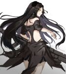  1girl bare_shoulders black_dress black_hair clothing_cutout commentary_request cowboy_shot dreamer_(girls&#039;_frontline) dress evil_grin evil_smile eye_trail from_behind girls&#039;_frontline green_eyes grin headgear highres holding holding_weapon light_trail long_hair looking_back marche_mk14 sangvis_ferri simple_background smile solo very_long_hair weapon 