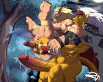  abs anthro bancholeomon bandai_namco biceps big_penis blonde_hair blush bodily_fluids butt cum digimon digimon_(species) duo erection felid full_nelson_(legs_held) genital_fluids genitals hair hi_res huge_penis hyper hyper_genitalia hyper_penis imminent_anal imminent_sex leomon lion long_hair male male/male mammal mane muscular muscular_anthro muscular_male nipples pantherine pecs penis reclamon scar size_difference white_hair 