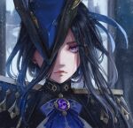  1girl ascot blue_ascot blue_hair blue_headwear clorinde_(genshin_impact) closed_mouth dangle_earrings dark_blue_hair earrings epaulettes genshin_impact hair_between_eyes hat hat_over_one_eye jewelry looking_at_viewer low_ponytail luxearte purple_ascot purple_eyes solo tricorne upper_body vision_(genshin_impact) 