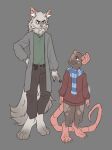  anthro artist_name claws clothed clothing coat digital_drawing_(artwork) digital_media_(artwork) domestic_cat duo fanaya felid feline felis flat_colors fur hi_res male mammal murid murine paws rat rodent scarf signature simple_background size_difference standing tail text topwear 