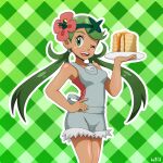  1girl ;d absurdres butter dark-skinned_female dark_skin flower food green_eyes green_headband hair_flower hair_ornament hand_on_own_hip headband highres holding holding_plate looking_at_viewer mallow_(pokemon) one_eye_closed open_mouth pancake pancake_stack plaid plaid_background plate pokemon pokemon_(anime) pokemon_(game) pokemon_sm sleeveless smile solo standing suguru_(vi9ne9gar) syrup twintails 