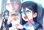  &lt;key&gt;_(blue_archive) 2girls aqua_necktie aris_(blue_archive) black_hair black_skirt blue_archive blue_eyes collared_shirt commentary_request food green_halo hair_between_eyes halo hand_up highres holding incoming_food jacket long_bangs long_hair long_sleeves multiple_girls multiple_views nasan_(coldtime) necktie open_clothes open_jacket open_mouth pleated_skirt purple_eyes ringed_eyes shirt shirt_tucked_in side_ponytail skirt smile standing sushi sweat teeth upper_teeth_only very_long_hair white_jacket white_shirt 
